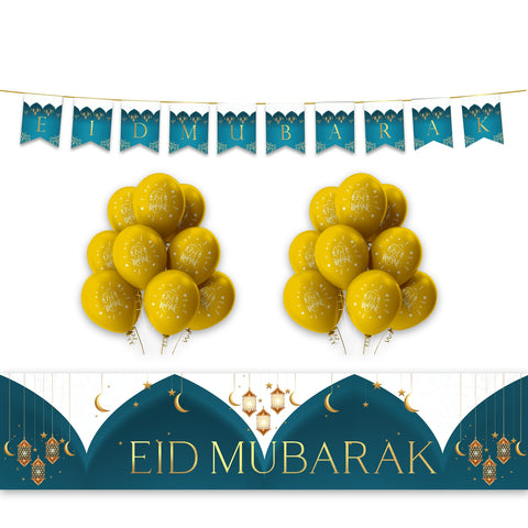 EID Mubarak Decoration Set - Teal & Gold Domes & Lanterns