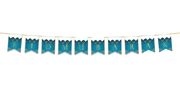 Eid Mubarak Bunting - Teal & Gold Domes & Lanterns Letter Flags Decoration