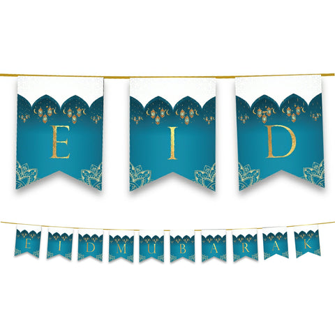 Eid Mubarak Bunting - Teal & Gold Domes & Lanterns Letter Flags Decoration