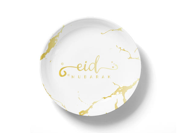 Eid Mubarak Plate, Cup and Napkin Set - White & Gold Marble