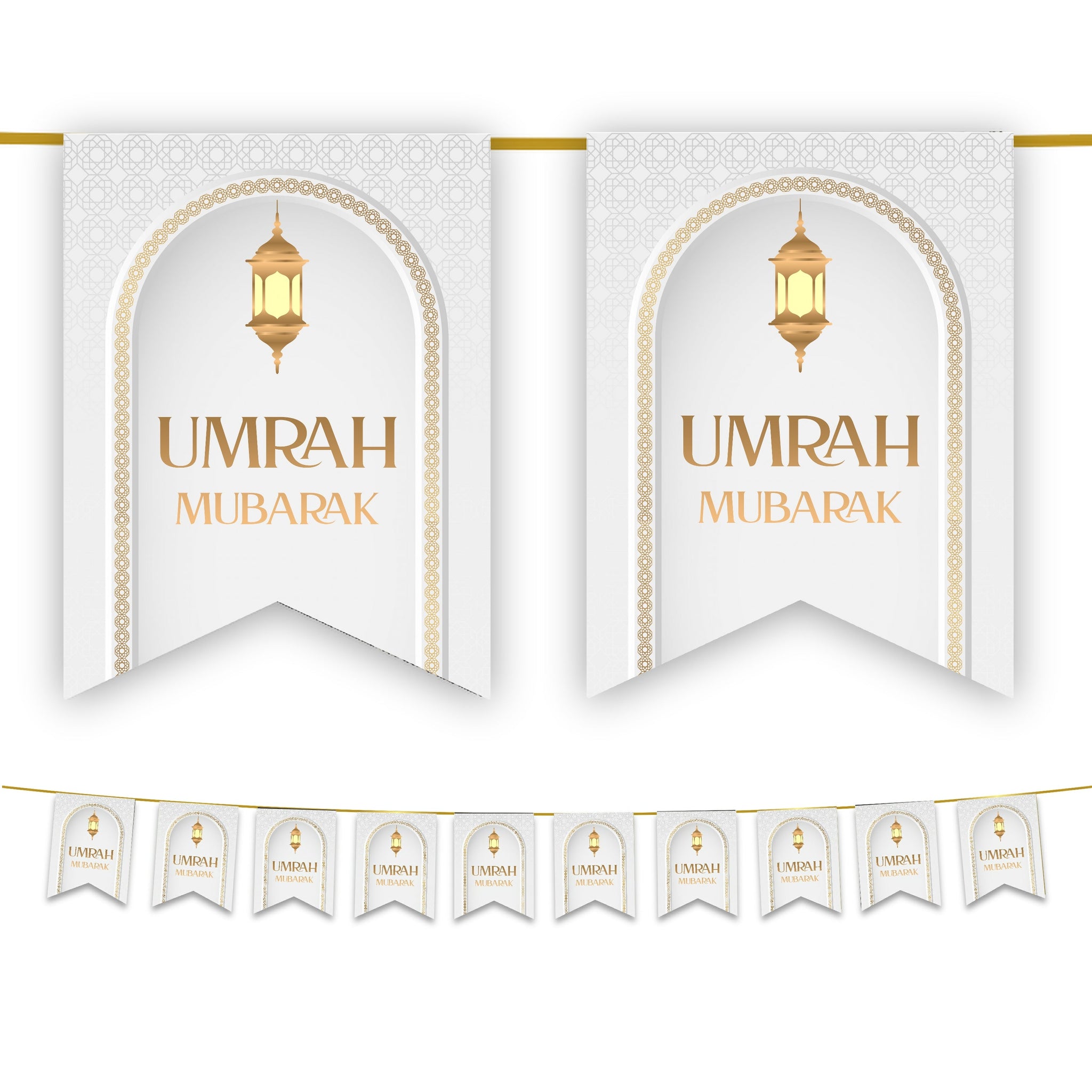 Umrah Mubarak Bunting - White & Gold Hanging Lanterns
