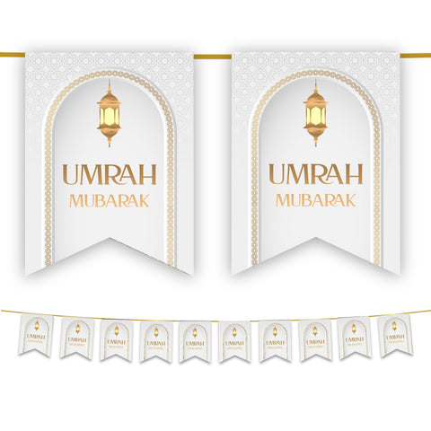 Umrah Mubarak Bunting - White & Gold Hanging Lanterns