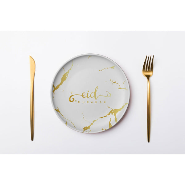 Eid Mubarak Plate, Cup and Napkin Set - White & Gold Marble