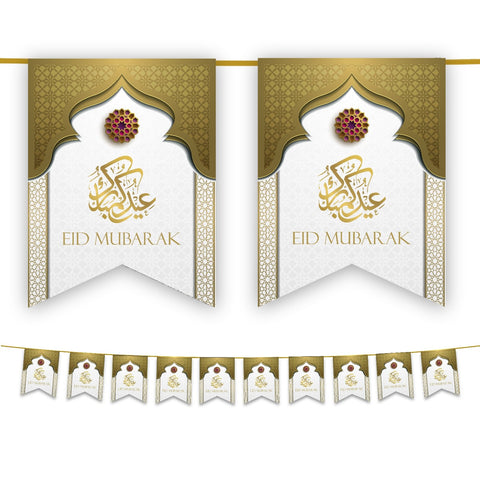 Eid Mubarak Bunting - White & Gold Arabic Calligraphy Flags Decoration