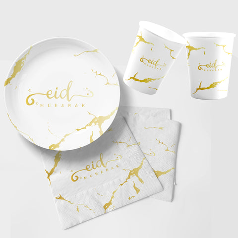 Eid Mubarak Plate, Cup and Napkin Set - White & Gold Marble