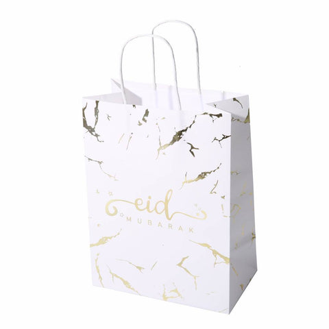 Eid Mubarak Kraft Paper Bag - White & Gold Marble - 5 pack