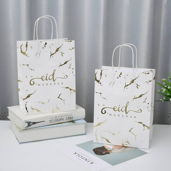 Eid Mubarak Kraft Paper Bag - White & Gold Marble - 5 pack