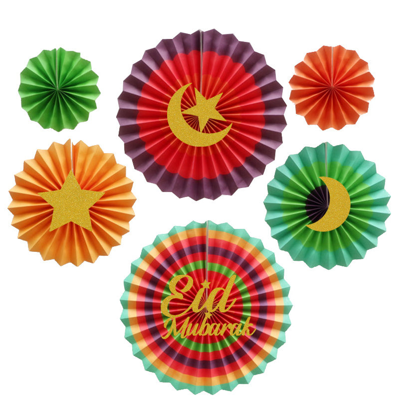 Eid Mubarak Hanging Concertina Paper Fan Kit - Green & Orange - Set of 6