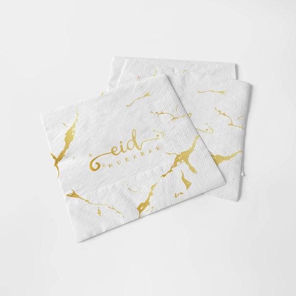 Eid Mubarak Plate, Cup and Napkin Set - White & Gold Marble