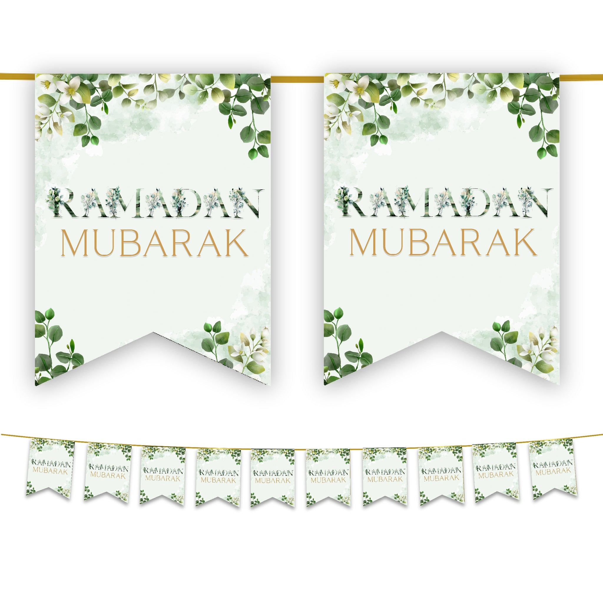 Ramadan Mubarak Bunting - Green & Gold Floral Flags Decoration