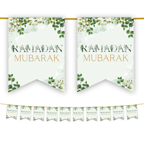 Ramadan Mubarak Bunting - Green & Gold Floral Flags Decoration