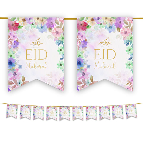 Eid Mubarak Bunting - Floral Pastel Watercolour Flags Decoration