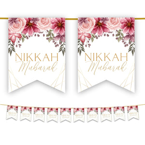 Nikkah Mubarak Bunting - White & Pink Floral Islamic Wedding Decoration