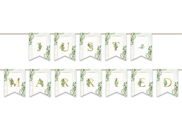 Just Married Bunting – Green & Gold Floral Wedding Decoration | Premium 250gsm Double-Sided Bunting Banner Flags with Hanging Ribbon