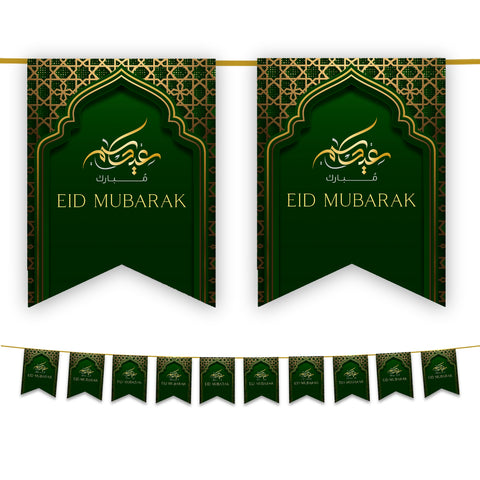 Eid Mubarak Bunting - Green & Gold Flags Decoration