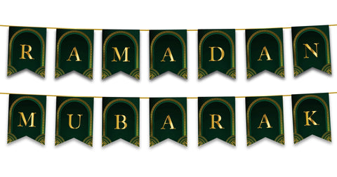 Ramadan Mubarak Bunting - Green & Gold Letters Flags Decoration
