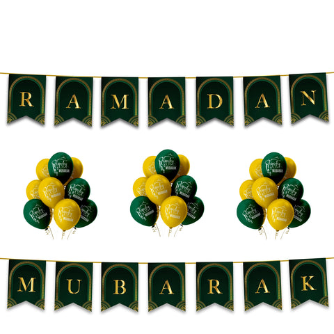 Ramadan Mubarak 24 pc Decoration Set - Green & Gold Letters