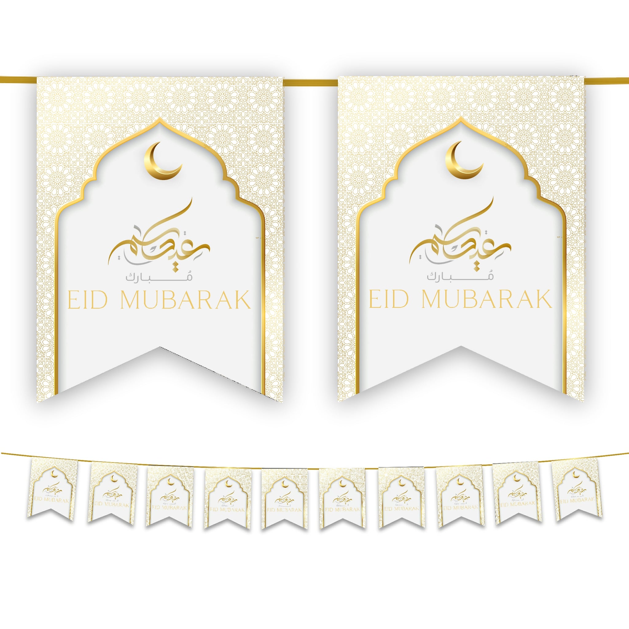 Eid Mubarak Bunting - White & Gold Flags Decoration