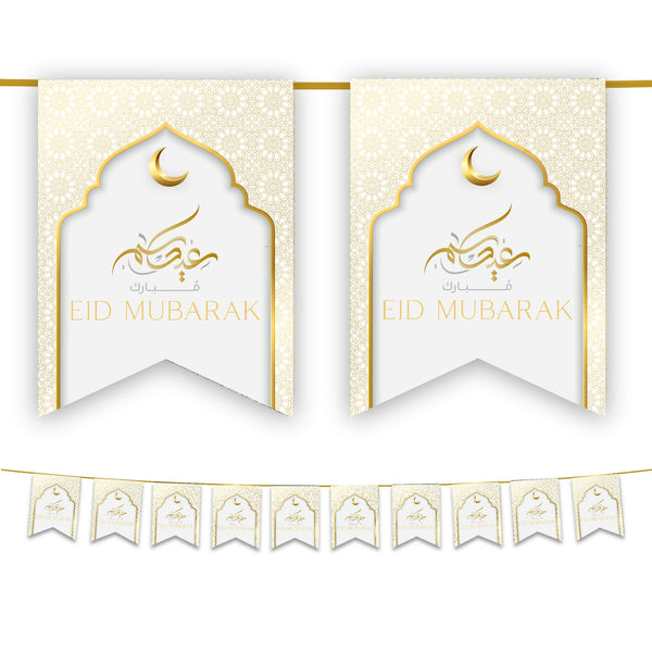 Eid Mubarak Bunting - White & Gold Flags Decoration