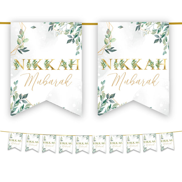 Nikkah Mubarak Bunting - Green & Gold Leaves Islamic Wedding Decoration