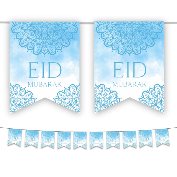 Eid Mubarak Bunting - Blue & White Watercolour Flags Decoration